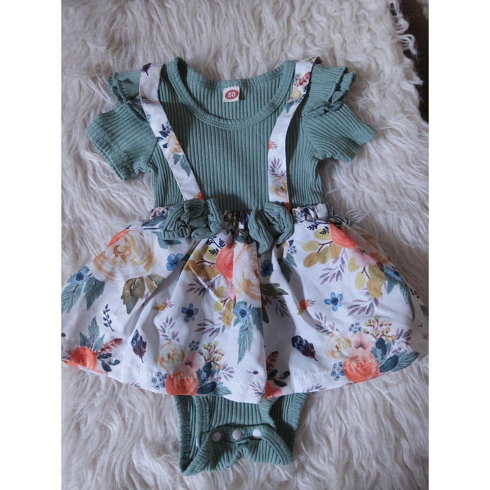 Sage Green Ribbed Bodysuit Floral Suspender Skirt Flutter Sleeve Baby Outfit